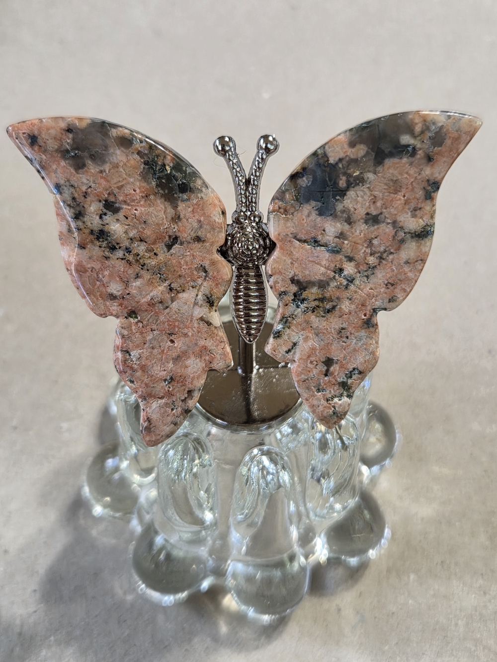 Rhodonite Crystal Butterfly Wings On Metal Body Stand Decor